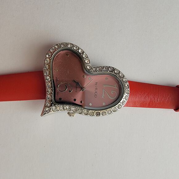 Vintage Watches Heart Crystal Watch by Hugo Red Strap Quartz Valentine Style - Picture 1 of 10